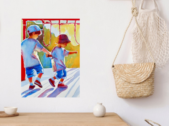 "Playful Steps" by Christine Beard captures the joyful spontaneity of childhood, as two young siblings engage in a playful dance under the warm sun. This watercolor painting brings to life the vibrant colors of a summer day, with the interplay of light and shadow adding depth and movement to the scene. The children, dressed in casual blue and red outfits, symbolize innocence and the boundless energy of youth. Beard’s masterful use of color and composition evokes a sense of nostalgia, making this artwork a beautiful celebration of carefree childhood moments.





