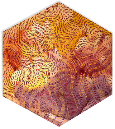 Hexagon shaped painting on wood panel: abstract watercolor background in shades of maroon and orange covered with short brushstrokes woven into an abstract pattern.