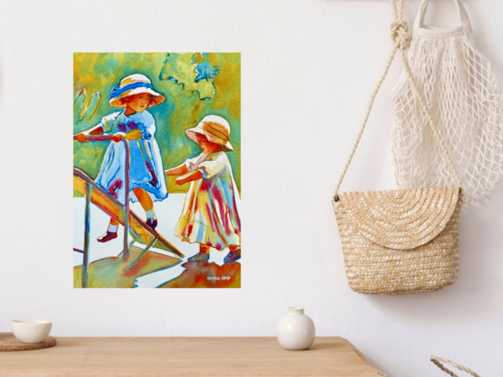 "Innocent Adventures" by Christine Beard captures the timeless charm of childhood play with a delicate watercolor technique. This piece features two young girls, dressed in vintage attire, engaged in a playful moment on a seesaw. The artist uses soft pastel colors and impressionistic brushwork to evoke a sense of nostalgia and innocence, transporting the viewer back to simpler times. The composition is gentle and warm, celebrating the joy and purity of early childhood experiences in a beautifully crafted outdoor scen





