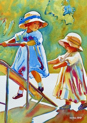 "Innocent Adventures" by Christine Beard captures the timeless charm of childhood play with a delicate watercolor technique. This piece features two young girls, dressed in vintage attire, engaged in a playful moment on a seesaw. The artist uses soft pastel colors and impressionistic brushwork to evoke a sense of nostalgia and innocence, transporting the viewer back to simpler times. The composition is gentle and warm, celebrating the joy and purity of early childhood experiences in a beautifully crafted outdoor scen





