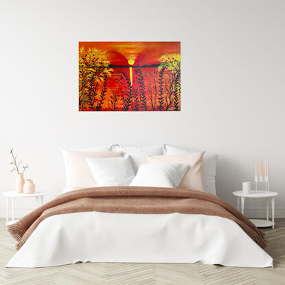 The painted red seascape depicts a stunning sunset over the sea, with a red hot sky reflecting over the waters below. In the distance, majestic mountains rise against the fiery backdrop, creating a breathtaking contrast between the red orange  sea and the intense reds of the sky. The artist skillfully captures the peacefulness of the scene, with the calm waters mirroring the vibrant colors above. 
With black colacasia leaf plants in foreground ‘ a silhouette of warmth 
Overall, the painting evokes a sense of serenity and awe, inviting the viewer to immerse themselves in the beauty of nature's wonders.
Comes with a Certificate Of Authenticity 
canvas is varnished and ready to hang for a safe journey to its forever home 