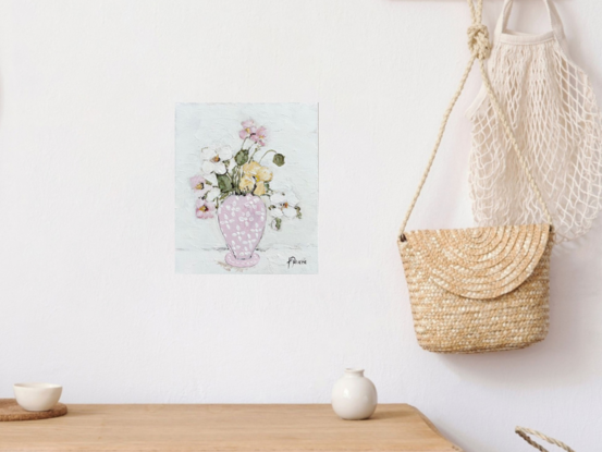 Still Life White and pink flowers in pink vase.