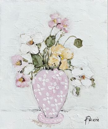 Still Life White and pink flowers in pink vase.