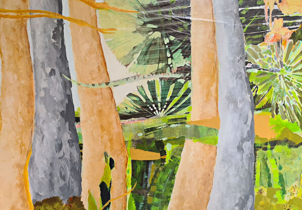 Our Australian Forests are full of life, in this piece she starts laying down a collection of her collage paper to give an immediate feel of depth; this encourages her to place trees, undergrowth, bushes, vines and all other wondrous rainforest flora into the piece. The aim is to create complexity and mystery. heir dense foliage and colour compete for your attention; so many luxurious shapes and shades. 