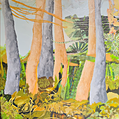 Our Australian Forests are full of life, in this piece she starts laying down a collection of her collage paper to give an immediate feel of depth; this encourages her to place trees, undergrowth, bushes, vines and all other wondrous rainforest flora into the piece. The aim is to create complexity and mystery. heir dense foliage and colour compete for your attention; so many luxurious shapes and shades. 