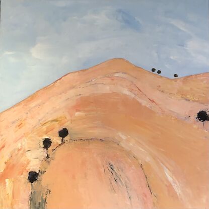 Semi abstract landscape in light pink and apricot with a blue sky