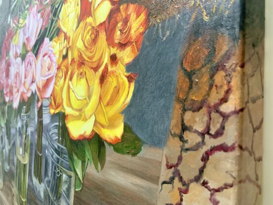 A very colorful depiction of an arrangement of flowers, highlighted against a dark background, showing roses and native watyls.
Painted on a 40mm wide stretch canvas and painted fully around the sides so no external picture frame is needed, it is a statement piece for any room.