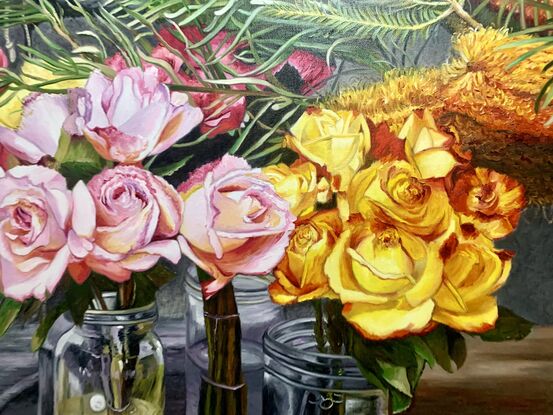 A very colorful depiction of an arrangement of flowers, highlighted against a dark background, showing roses and native watyls.
Painted on a 40mm wide stretch canvas and painted fully around the sides so no external picture frame is needed, it is a statement piece for any room.