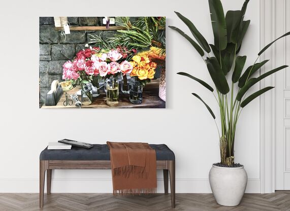 A very colorful depiction of an arrangement of flowers, highlighted against a dark background, showing roses and native watyls.
Painted on a 40mm wide stretch canvas and painted fully around the sides so no external picture frame is needed, it is a statement piece for any room.