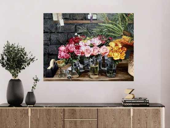 A very colorful depiction of an arrangement of flowers, highlighted against a dark background, showing roses and native watyls.
Painted on a 40mm wide stretch canvas and painted fully around the sides so no external picture frame is needed, it is a statement piece for any room.