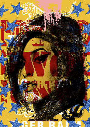 A bright portrait of Amy Winehouse in pop art style