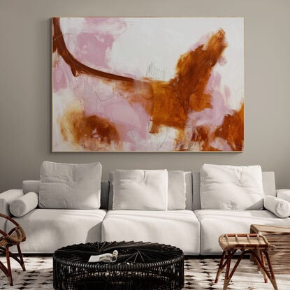 neutral and rich earthy tones from nature of pink, blush, rust, black, grey and white expressive marks across an extra large canvas