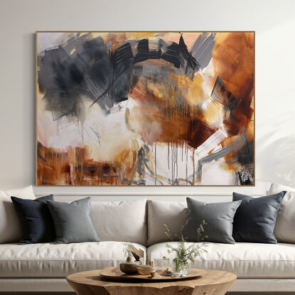 bold marks in  warm earthy beige, ochre , brown, white and grey across the canvas suggestive of landscape of valleys and open spaces made from large expressive painterly marks