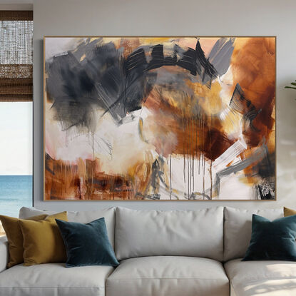 bold marks in  warm earthy beige, ochre , brown, white and grey across the canvas suggestive of landscape of valleys and open spaces made from large expressive painterly marks