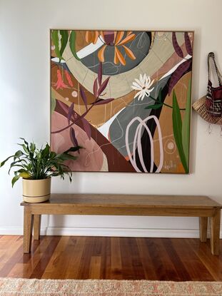 A bright abstract botanical   The background is abstracted with geometrical shapes that represent the landscape. The Australian botanicals consist of banksia, coastal bushes and daisies. Colours consist of pale pink, orange, green, plum. Acrylic, ink , gold leaf details and markings made with pastel. 