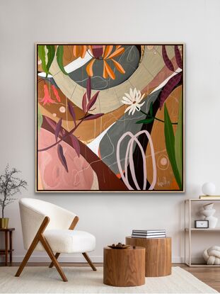 A bright abstract botanical   The background is abstracted with geometrical shapes that represent the landscape. The Australian botanicals consist of banksia, coastal bushes and daisies. Colours consist of pale pink, orange, green, plum. Acrylic, ink , gold leaf details and markings made with pastel. 