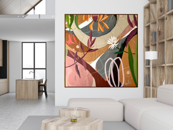 A bright abstract botanical   The background is abstracted with geometrical shapes that represent the landscape. The Australian botanicals consist of banksia, coastal bushes and daisies. Colours consist of pale pink, orange, green, plum. Acrylic, ink , gold leaf details and markings made with pastel. 