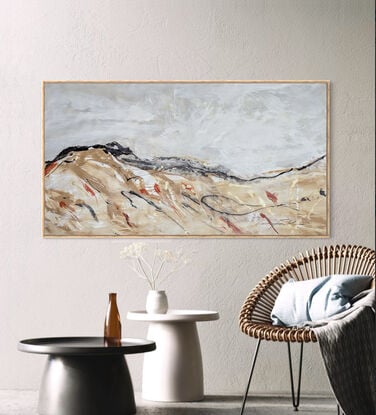 a large abstract landscape in shades of gold, brown, black, blue and white inspired by wild grass and  australian native and indigenous plants