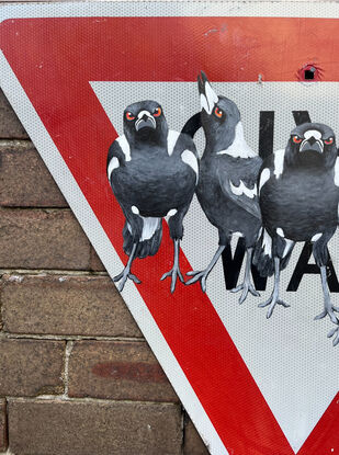 The Australian magpie is an icon . The call of a magpie can signal the feeling of home, and to have them around is considered good luck.
My Badmagpie series is an attempt to highlight the value of these treasured natives who are part of our Aussie scenery and synonymous with the Australian landscape. 
This painting, on a GIVE WAY sign titled GRAVITAS (seriousness and importance of manner, causing feelings of respect and trust in others) seeks to relay a mutual respect between us and these feathered beauties. 
The retired street sign is a nod to our urban environment and the adaptability of the magpie. Please note,  the street sign has been previously in use and has signs of its history, a few marks and a patina that relays its time in the street. 