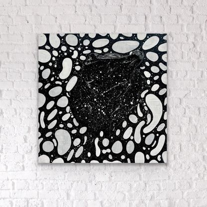 Black and white patterns express a yin yang nature of duality and polarity. Textured three dimensional acrylic jumps out of the artwork and begs to be touched.  