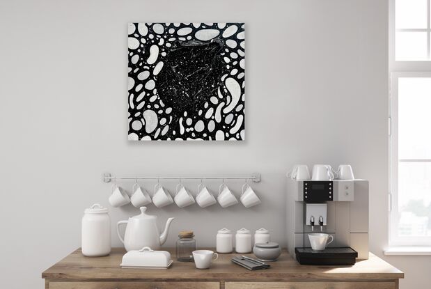 Black and white patterns express a yin yang nature of duality and polarity. Textured three dimensional acrylic jumps out of the artwork and begs to be touched.  