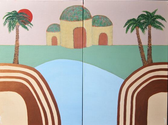 Two canvas set (Diptych) modern desert scene with palm trees featuring bronze metalic paint.