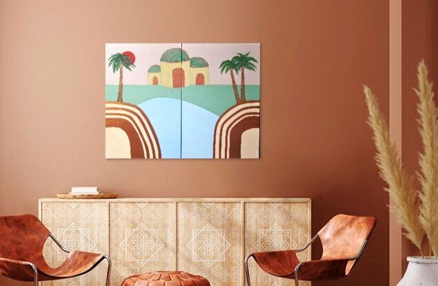 Two canvas set (Diptych) modern desert scene with palm trees featuring bronze metalic paint.