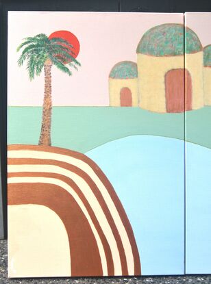 Two canvas set (Diptych) modern desert scene with palm trees featuring bronze metalic paint.