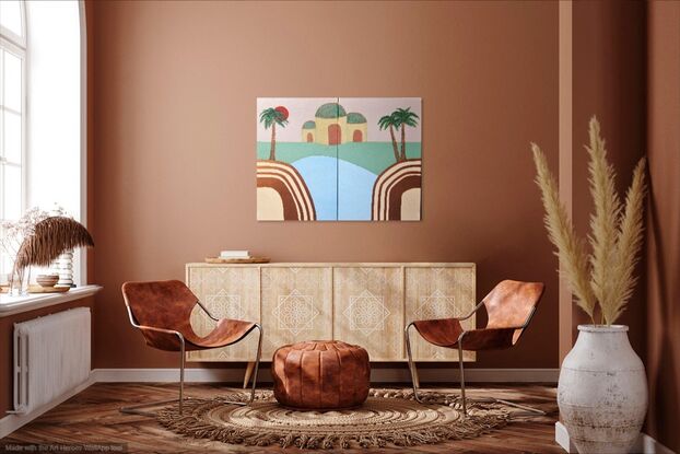 Two canvas set (Diptych) modern desert scene with palm trees featuring bronze metalic paint.