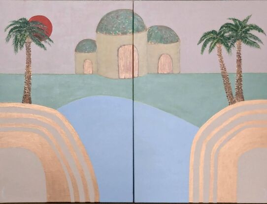 Two canvas set (Diptych) modern desert scene with palm trees featuring bronze metalic paint.