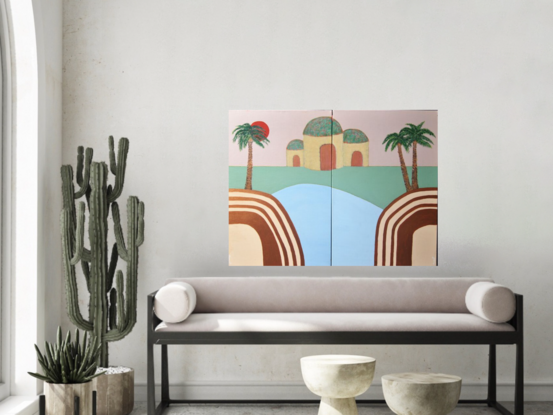 Two canvas set (Diptych) modern desert scene with palm trees featuring bronze metalic paint.