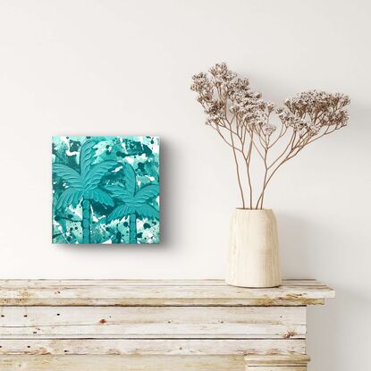 Two textured turquoise palm trees on abstract turquoise background