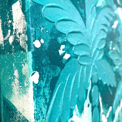 Two textured turquoise palm trees on abstract turquoise background