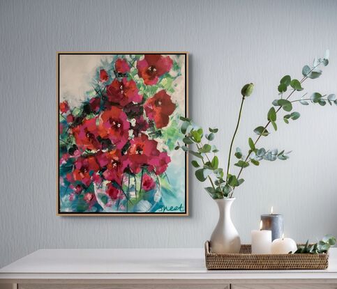 Red and Pink bright vase of flowers.bold and modern floral style