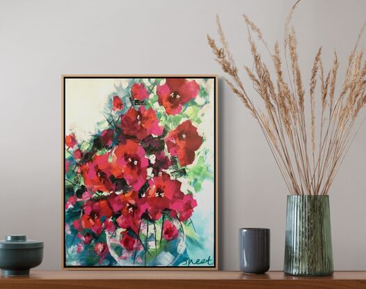 Red and Pink bright vase of flowers.bold and modern floral style