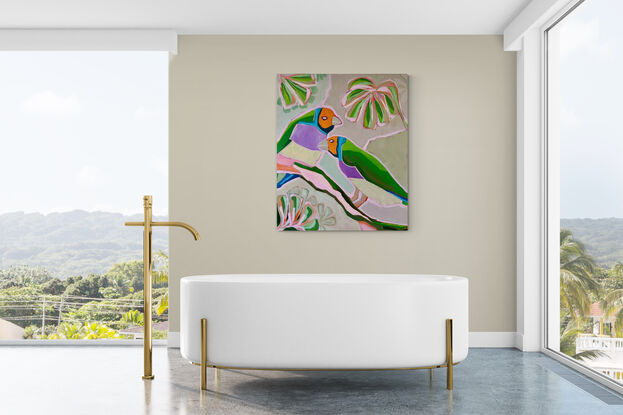 The joy of birds, their song, their colourful plummage.
A  vibrant large work on canvas suitable for many blank spaces in the interior as displayed in the mockup images.