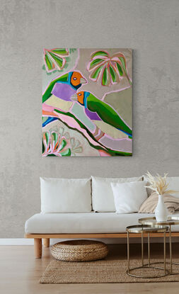 The joy of birds, their song, their colourful plummage.
A  vibrant large work on canvas suitable for many blank spaces in the interior as displayed in the mockup images.