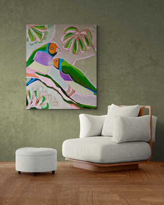 The joy of birds, their song, their colourful plummage.
A  vibrant large work on canvas suitable for many blank spaces in the interior as displayed in the mockup images.