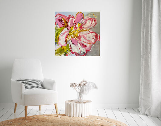 Pink Flowers and greenery on a grey background