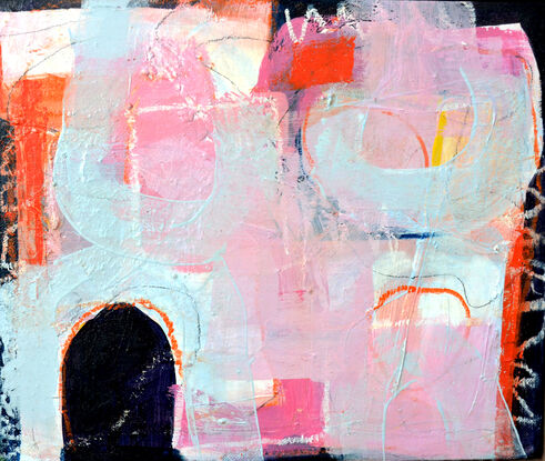 An impression of a fairground with a circus, arenas, pathways in pinks, and pale blues