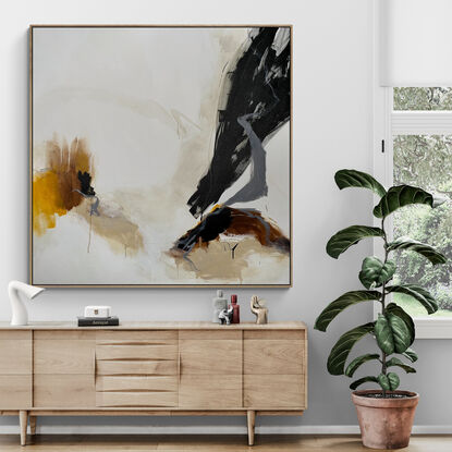 bold marks in warm earthy browns, black mixed with red and yellow ochre across the canvas suggestive of travelling through lives landscape of valleys, and open spaces made from large expressive marks.