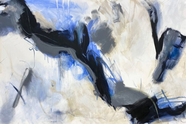 bold marks in warm earthy beige and dark blue across the canvas suggestive of when the landscape meets the water made from large expressive marks with pops of light blue and black line work on a white canvas