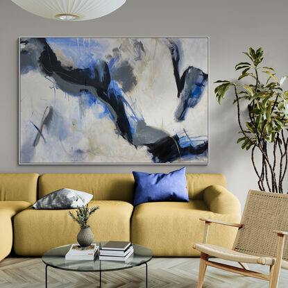 bold marks in warm earthy beige and dark blue across the canvas suggestive of when the landscape meets the water made from large expressive marks with pops of light blue and black line work on a white canvas