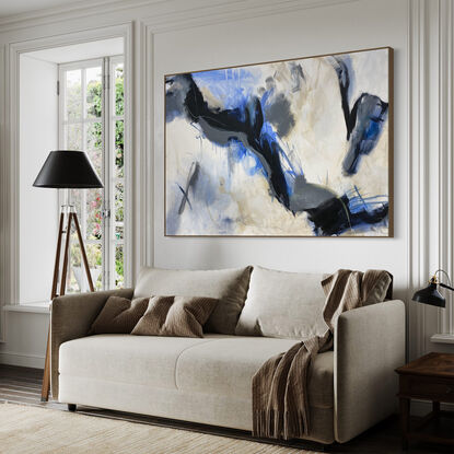 bold marks in warm earthy beige and dark blue across the canvas suggestive of when the landscape meets the water made from large expressive marks with pops of light blue and black line work on a white canvas