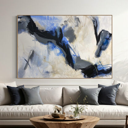 bold marks in warm earthy beige and dark blue across the canvas suggestive of when the landscape meets the water made from large expressive marks with pops of light blue and black line work on a white canvas