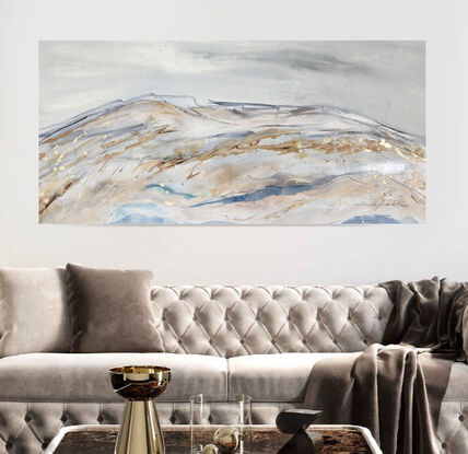 a large winter abstract landscape in shades of gold, brown, black, blue and white inspired by alpine regions