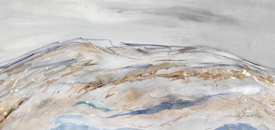 a large winter abstract landscape in shades of gold, brown, black, blue and white inspired by alpine regions