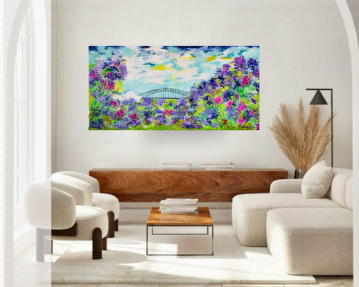 The painting depicts a mesmerizing landscape of botanic Australiana, showcasing colorful jacarandas in full bloom against a backdrop of Sydney Harbour Bridge and Opera House. The textured canvas brings the scene to life, capturing the intricate details of the florals and the iconic landmarks. The vibrant hues of the jacarandas contrast beautifully with the cloudy sky, creating a dreamy and enchanting atmosphere. This artwork effortlessly conveys the rich beauty and tranquility of nature intertwined with urban architecture, inviting viewers to immerse themselves in the serene charm of this picturesque setting.
Colours used cool yellow, light green, dark green, textured canvas , painted with a palette knife , black white mixed blues ‘
Comes with a certificate Of Authenticity 
Canvas is varnished for easy cleaning and ready to hang 