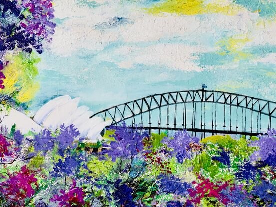 The painting depicts a mesmerizing landscape of botanic Australiana, showcasing colorful jacarandas in full bloom against a backdrop of Sydney Harbour Bridge and Opera House. The textured canvas brings the scene to life, capturing the intricate details of the florals and the iconic landmarks. The vibrant hues of the jacarandas contrast beautifully with the cloudy sky, creating a dreamy and enchanting atmosphere. This artwork effortlessly conveys the rich beauty and tranquility of nature intertwined with urban architecture, inviting viewers to immerse themselves in the serene charm of this picturesque setting.
Colours used cool yellow, light green, dark green, textured canvas , painted with a palette knife , black white mixed blues ‘
Comes with a certificate Of Authenticity 
Canvas is varnished for easy cleaning and ready to hang 