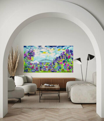 The painting depicts a mesmerizing landscape of botanic Australiana, showcasing colorful jacarandas in full bloom against a backdrop of Sydney Harbour Bridge and Opera House. The textured canvas brings the scene to life, capturing the intricate details of the florals and the iconic landmarks. The vibrant hues of the jacarandas contrast beautifully with the cloudy sky, creating a dreamy and enchanting atmosphere. This artwork effortlessly conveys the rich beauty and tranquility of nature intertwined with urban architecture, inviting viewers to immerse themselves in the serene charm of this picturesque setting.
Colours used cool yellow, light green, dark green, textured canvas , painted with a palette knife , black white mixed blues ‘
Comes with a certificate Of Authenticity 
Canvas is varnished for easy cleaning and ready to hang 